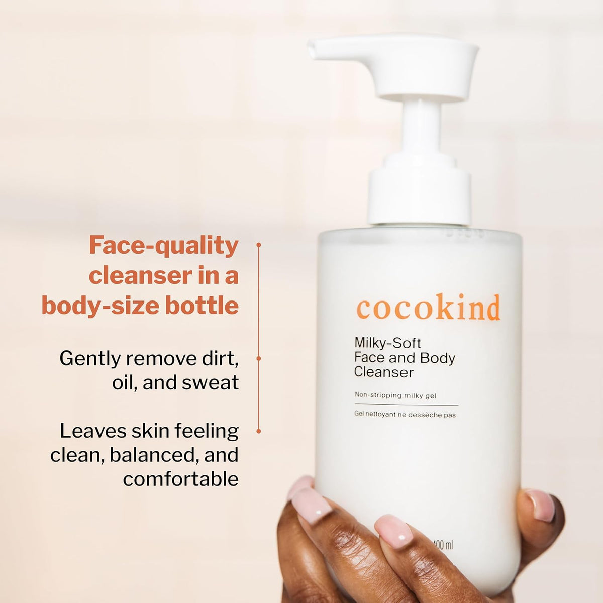 Dermatologist tested Cocokind ceramide milk cleanser placed in a modern bathroom setup.