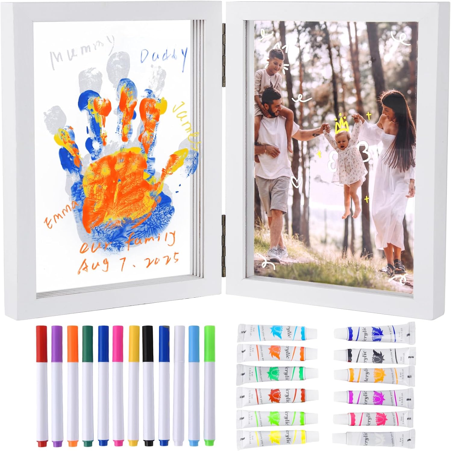 Moteizho family handprint photo frame kit front view showing white wooden frame with layered handprints.