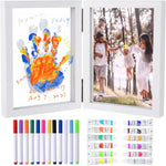 Moteizho family handprint photo frame kit front view showing white wooden frame with layered handprints.