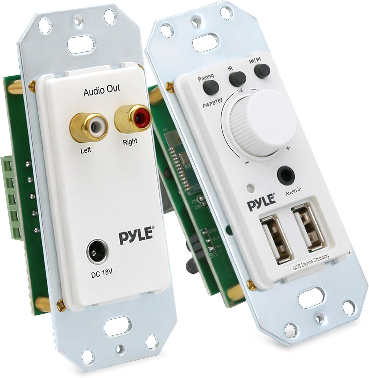 Pyle Bluetooth receiver wall mount front view showing volume control knob and dual USB ports