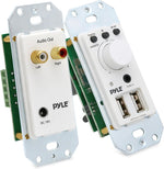 Pyle Bluetooth receiver wall mount front view showing volume control knob and dual USB ports