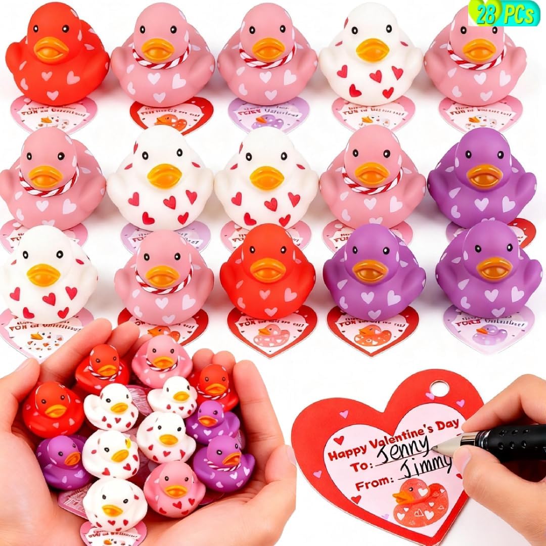 Kiddokids 28 pack Valentine rubber ducks with cards front view