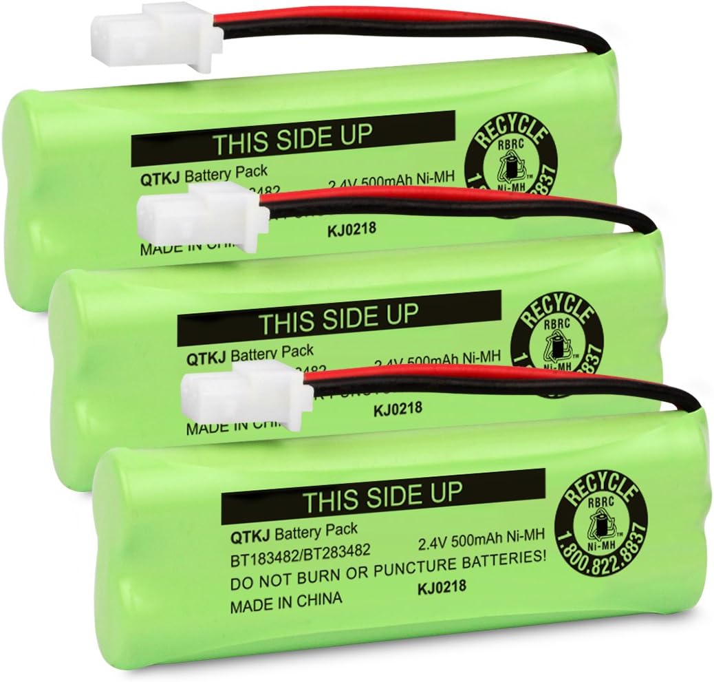 QTKJ cordless phone replacement battery pack front view showing the product label