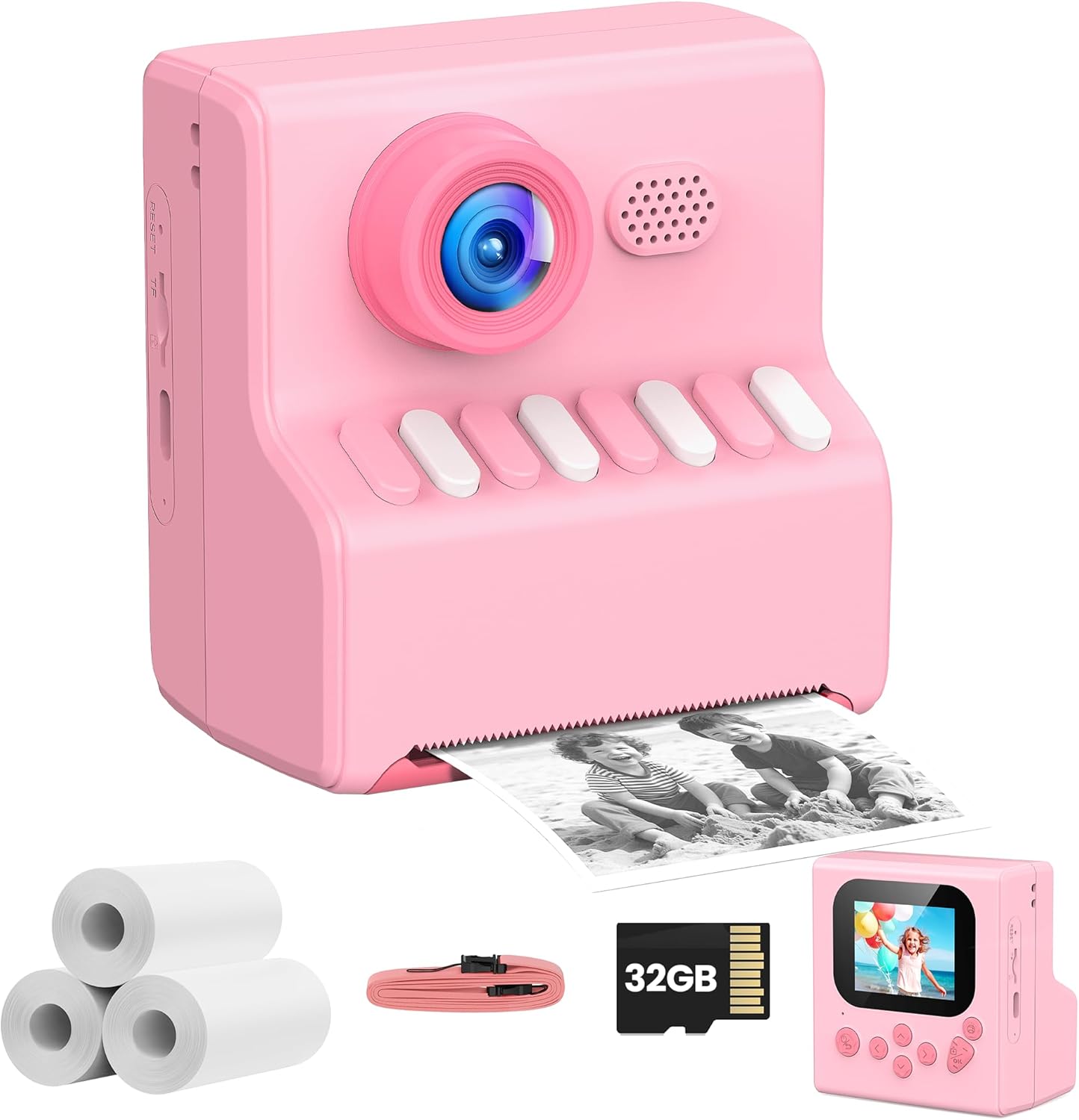 HODDRCCN Kids Instant Print Camera Pink front view featuring lens and thermal printer slot