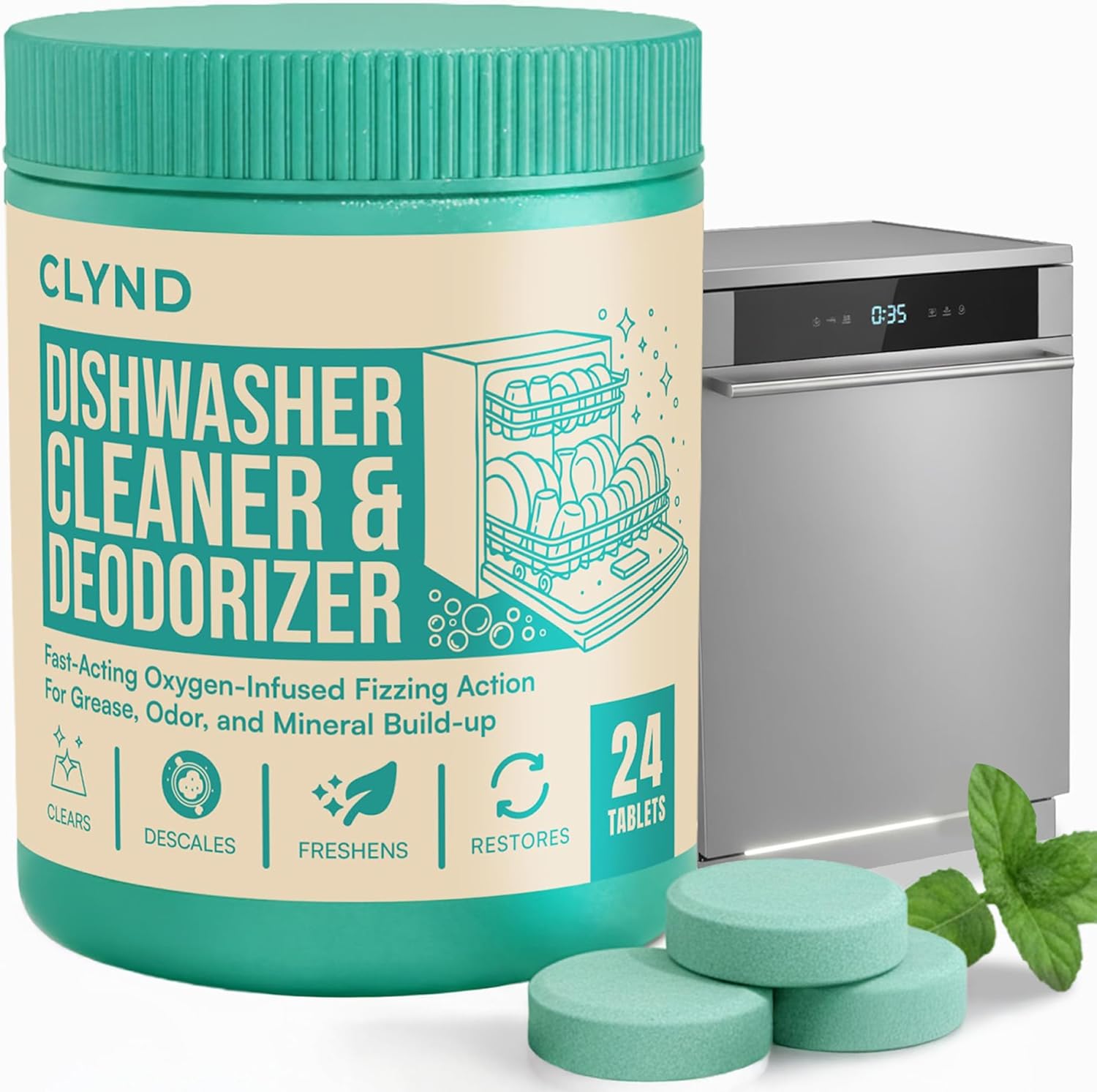 Clynd dishwasher cleaner and deodorizer tablets front view pack