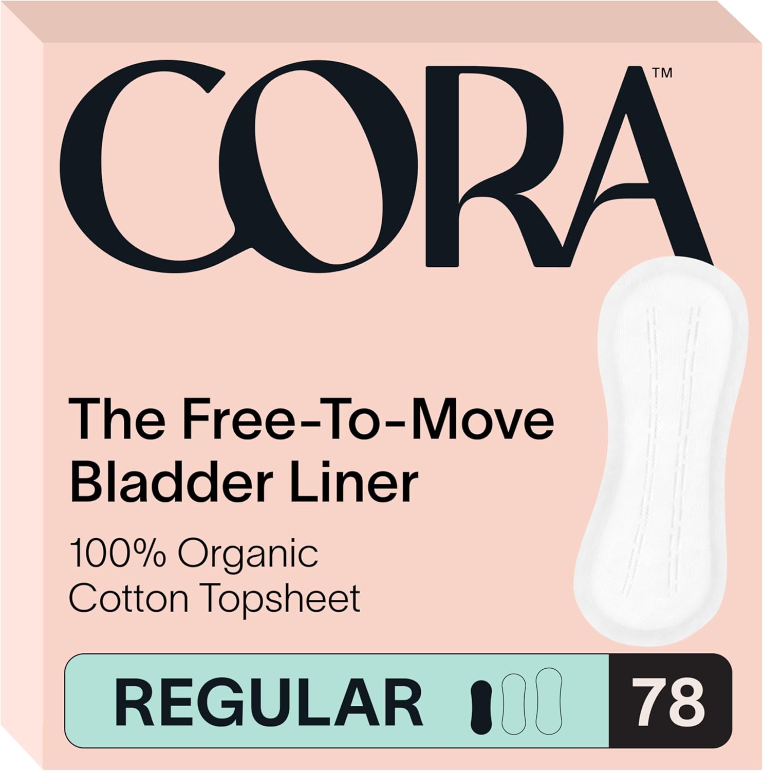Cora 100 percent organic cotton topsheet bladder liners 78 regular count front packaging view