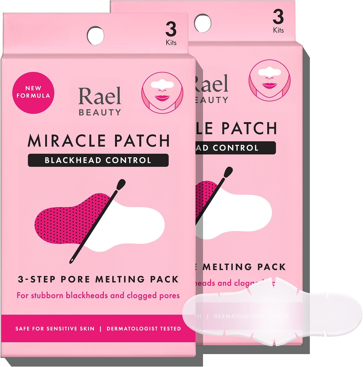 Rael Miracle Patch Blackhead Control 3-Step Pore Melting Pack front packaging view showing next-generation nose strips.
