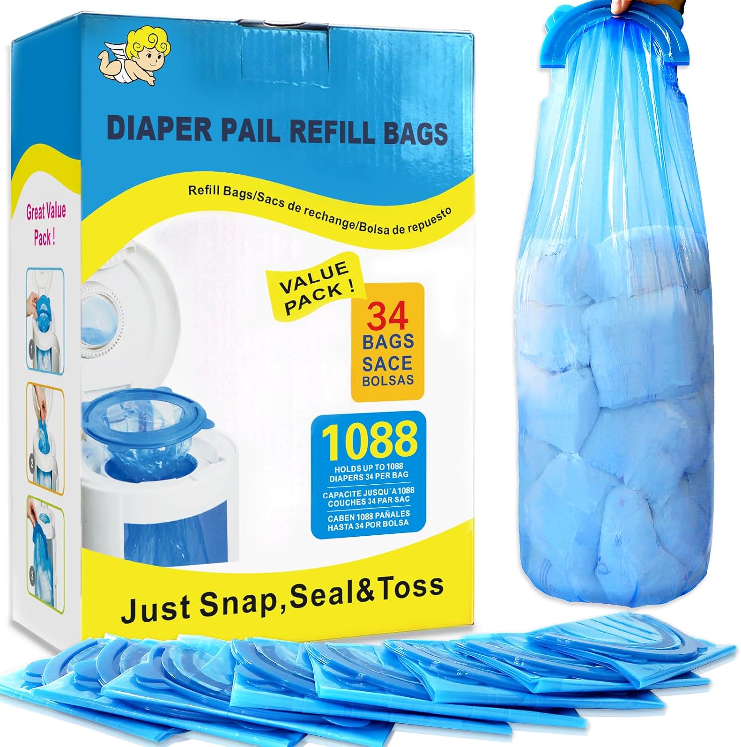 SYAOMUNLY diaper pail refill bags front packaging view showcasing high capacity pack.