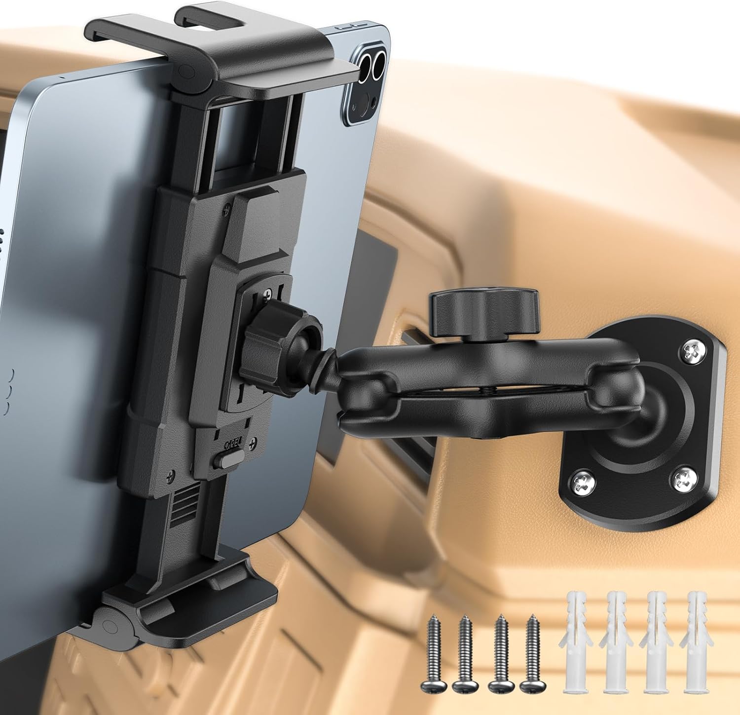 OHLPRO heavy duty drill base tablet holder mounted securely on a truck dashboard showing front view.