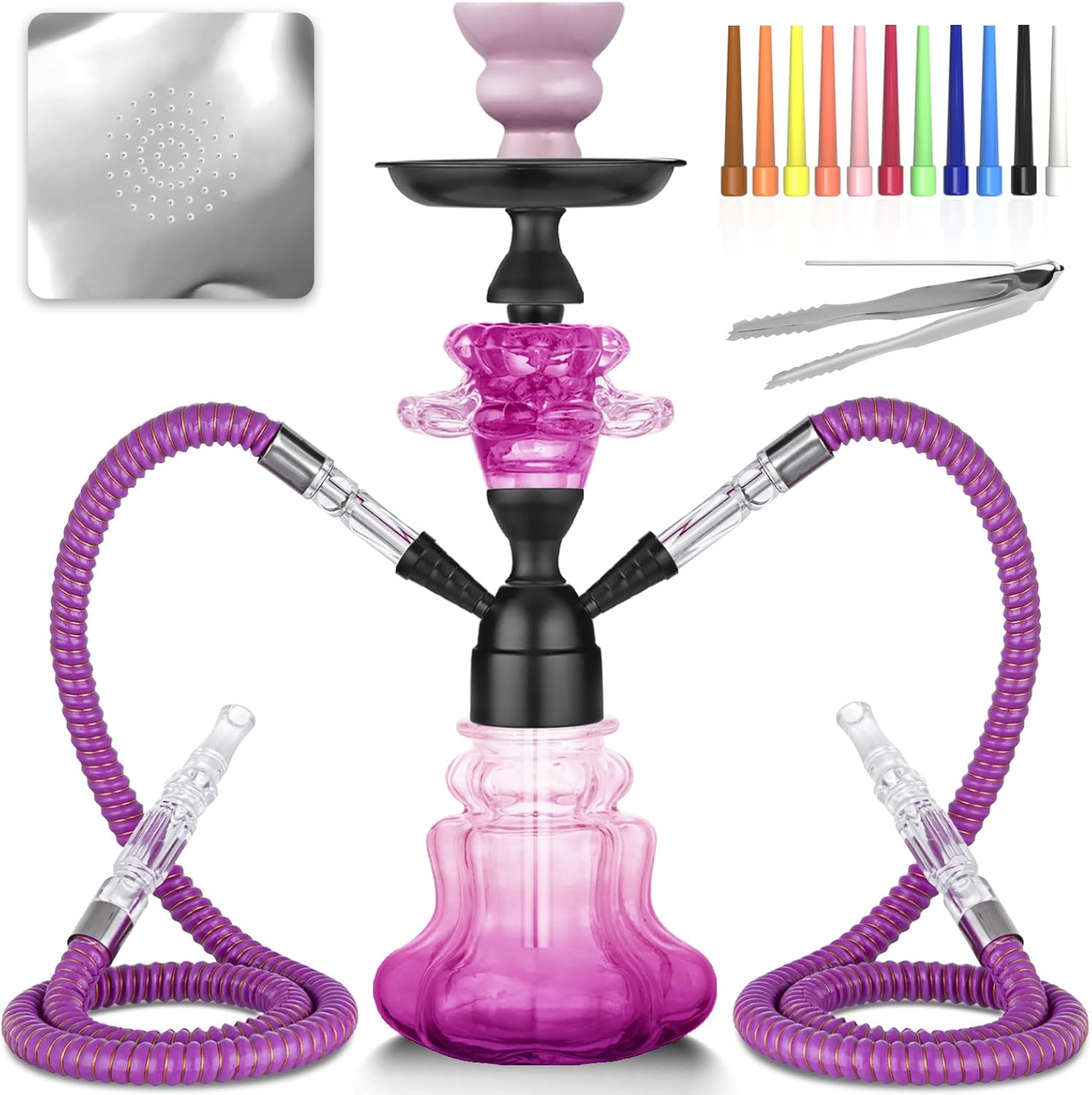 Hookah Set With Everything 14'' Shisha Hookah Complete Set - Glass Flower Vase, Ledther Hose, Foils, Hookah Tips, Ceramic Bowl, Coal Tong (Purple) - Image 1