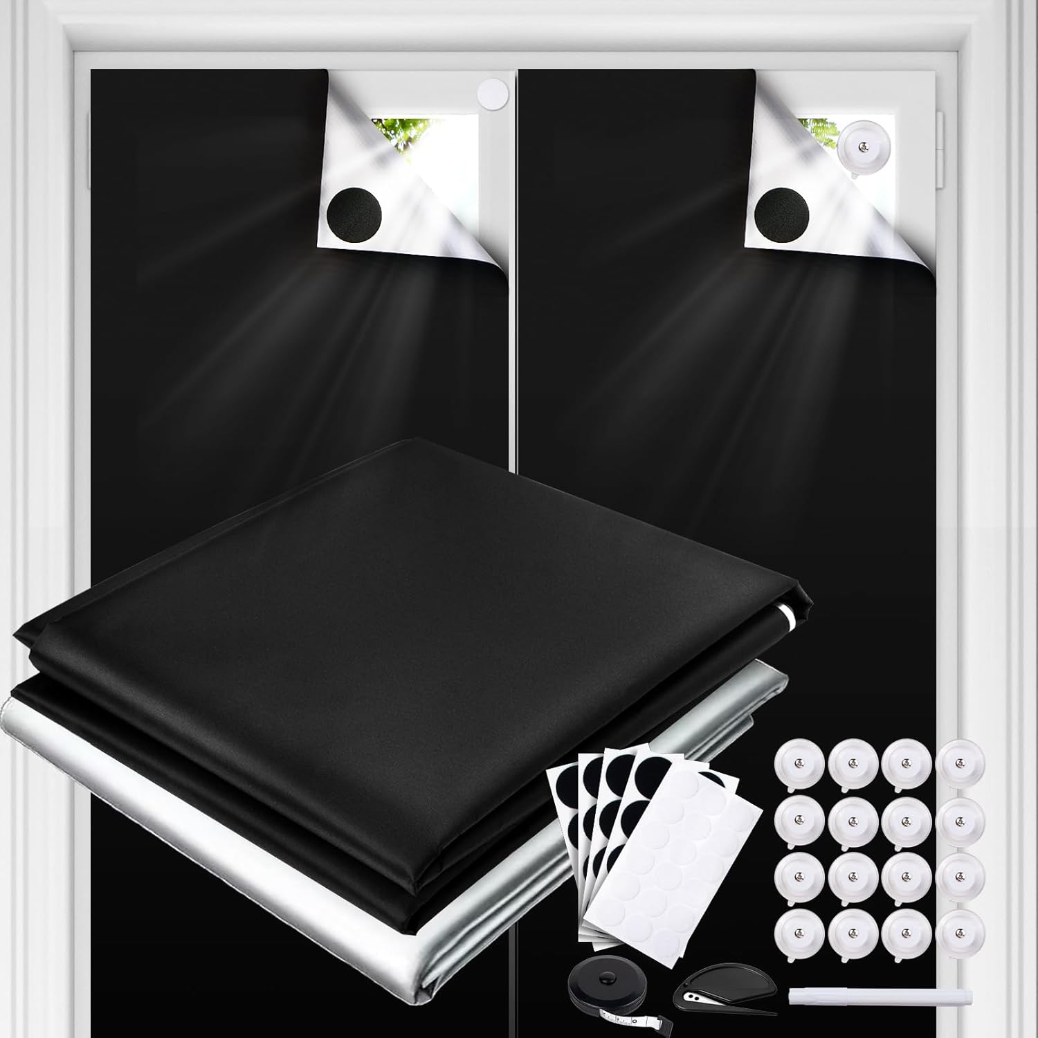 LUCKJOY 2 Pack Portable Blackout Shades front view showing the dark fabric panel covering a nursery room window.