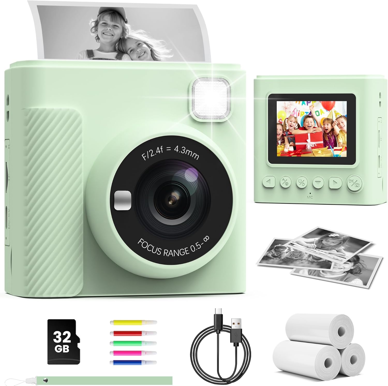 TIATUA kids instant print camera front view showing the light green child friendly body and lens