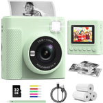 TIATUA kids instant print camera front view showing the light green child friendly body and lens