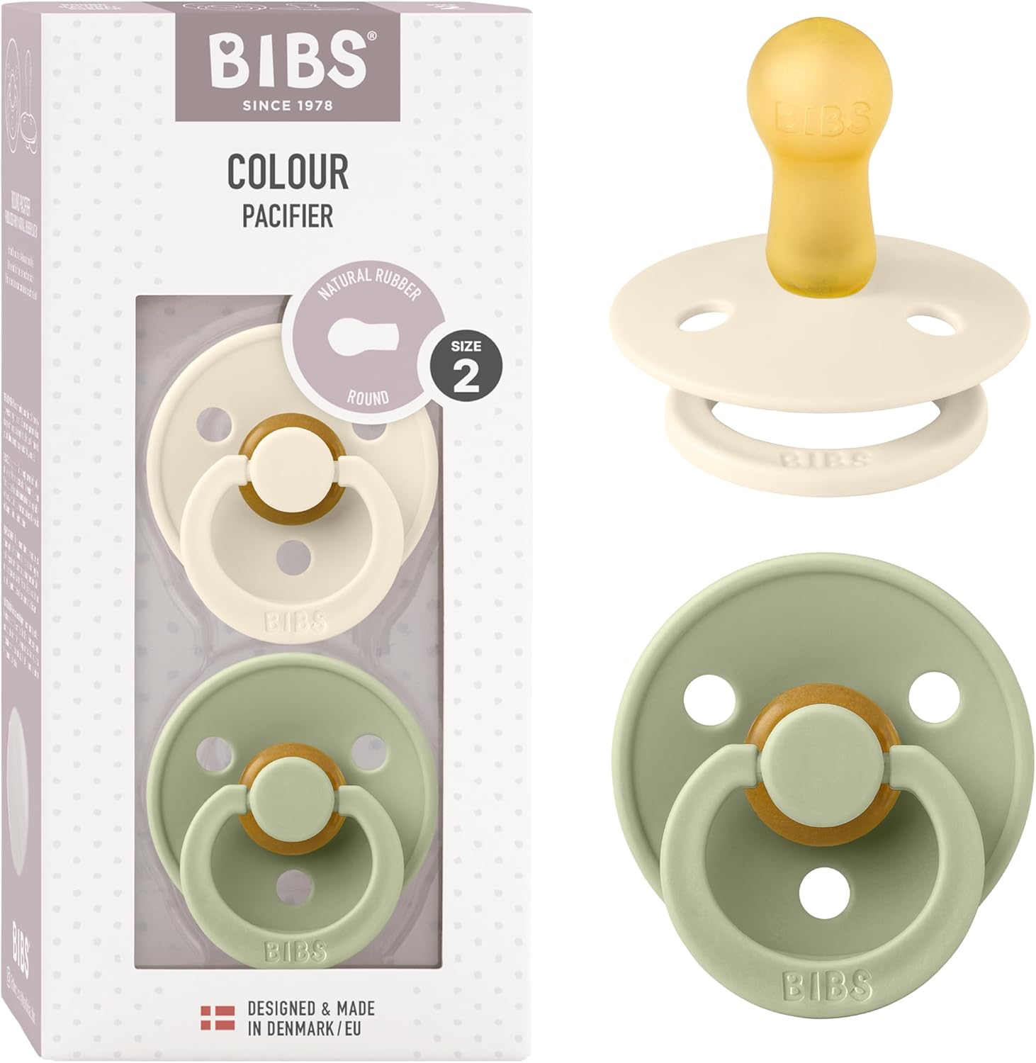 Bibs Colour natural rubber pacifier set in Ivory and Sage front view