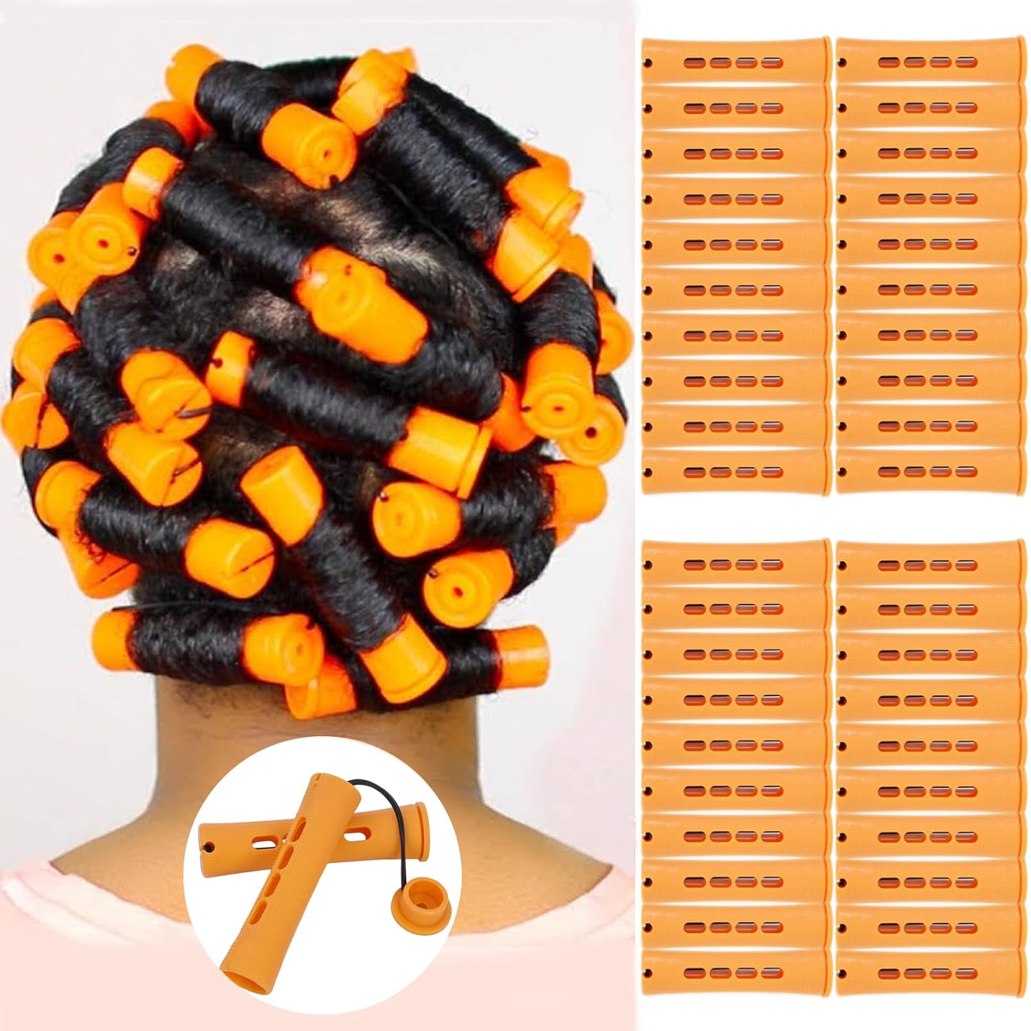 YOROSTAR cold wave perm rods front view showing forty orange hair rollers for heatless natural hair curling styling.