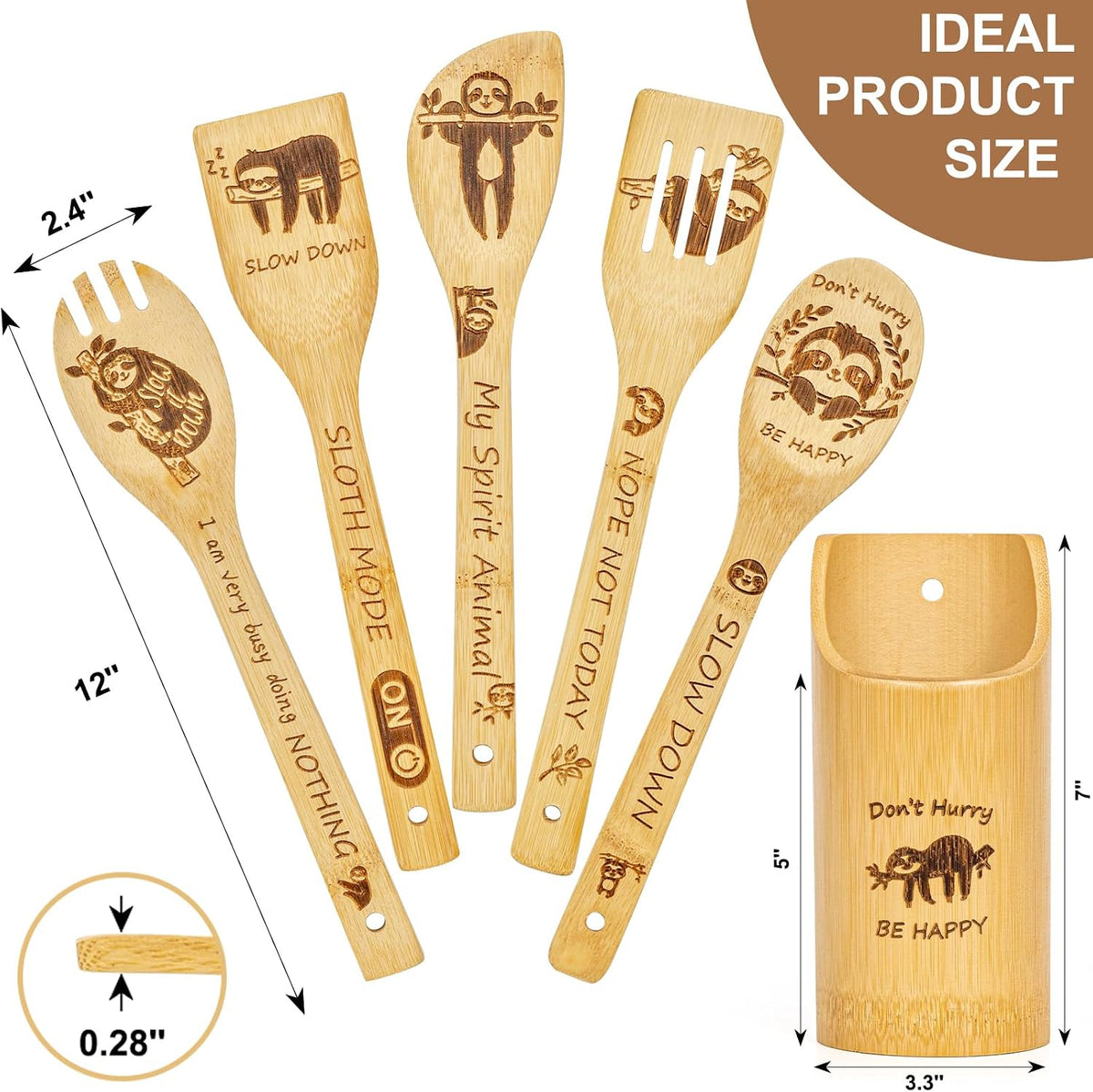 LBCIGOR bamboo spork and slotted spatula with sloth design