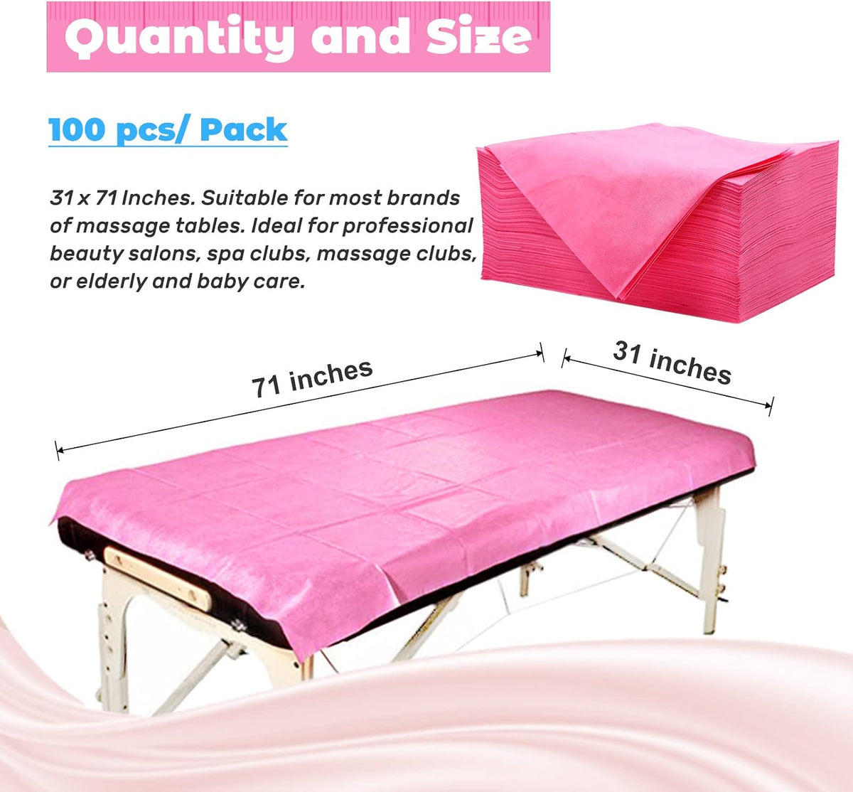Pink disposable spa bed sheets stacked in bulk