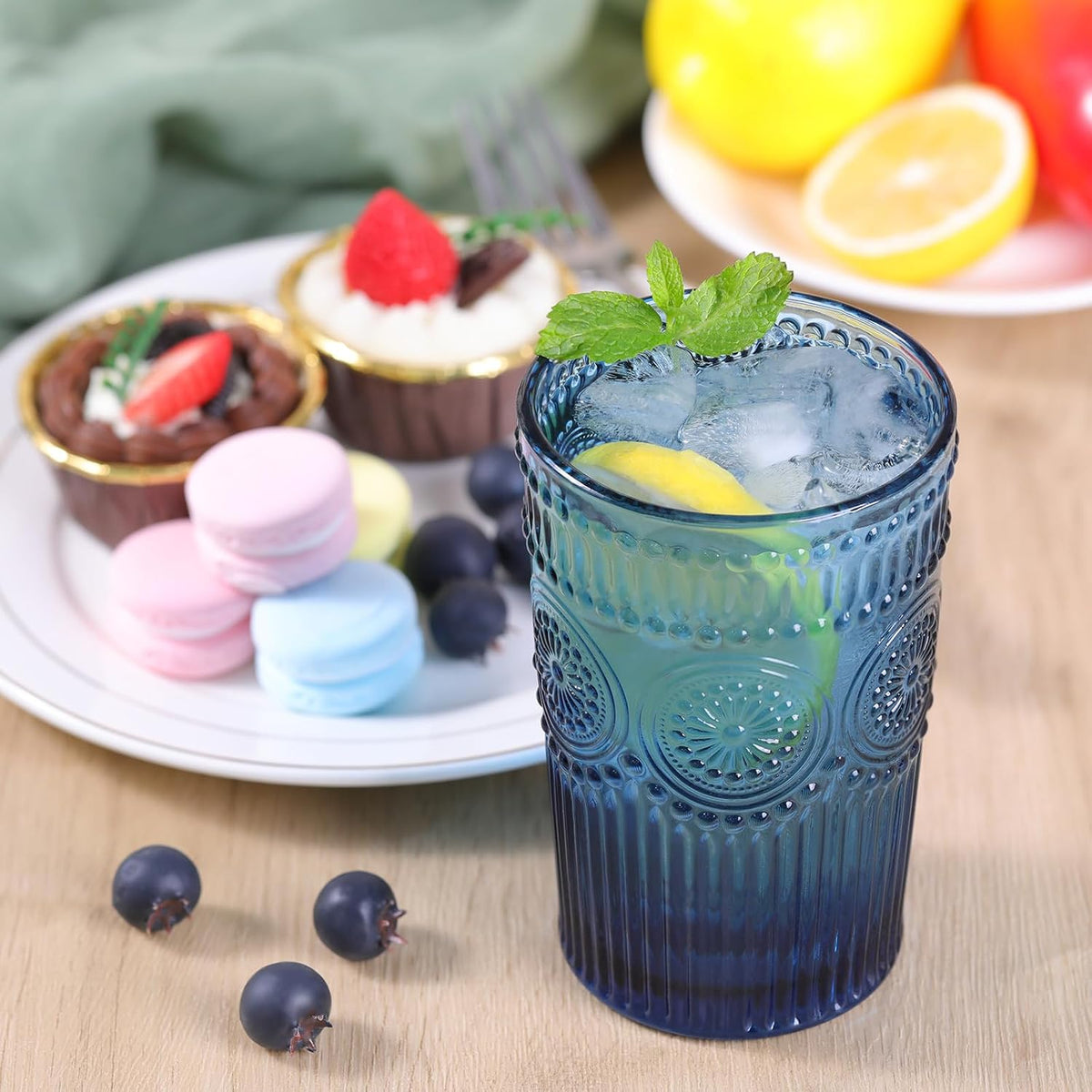 Darlion blue glass set showing embossed sunflower and stripe pattern