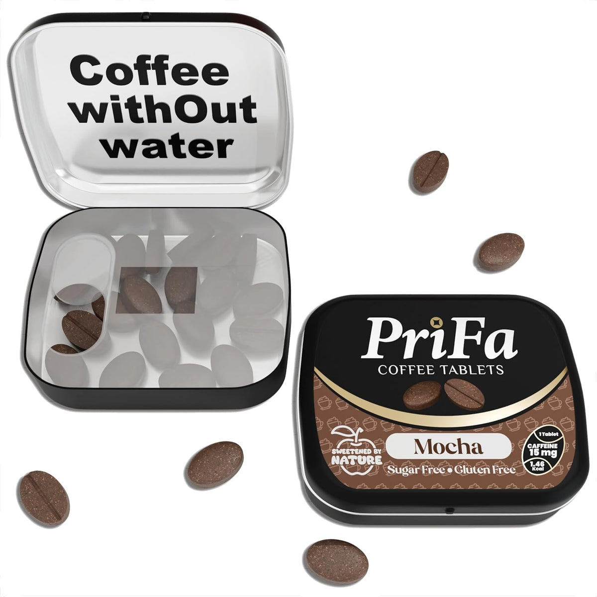 PriFa Mocha Coffee Tablets front view of portable tin for energy boost.
