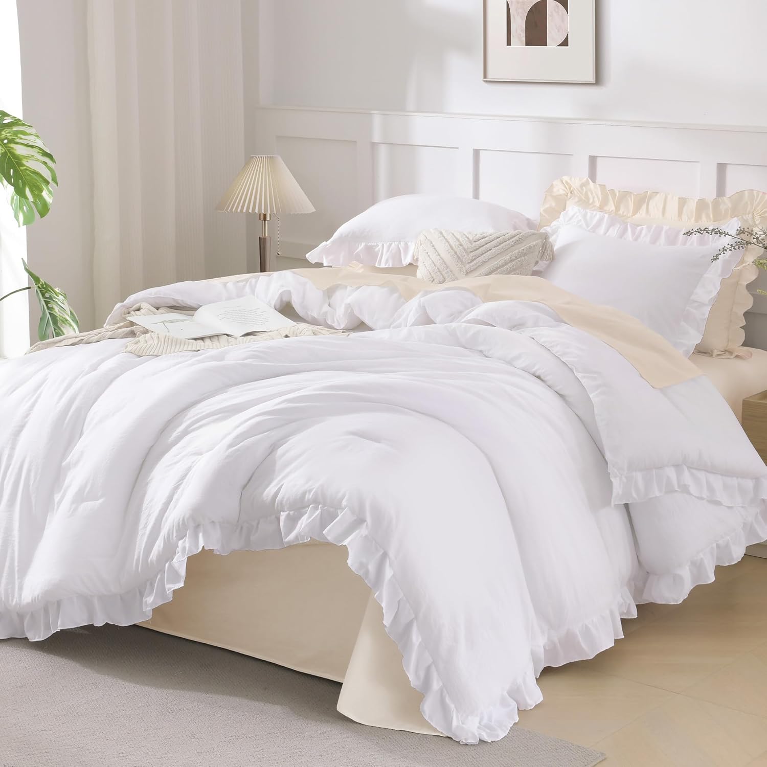 Andency white ruffle comforter queen set front view