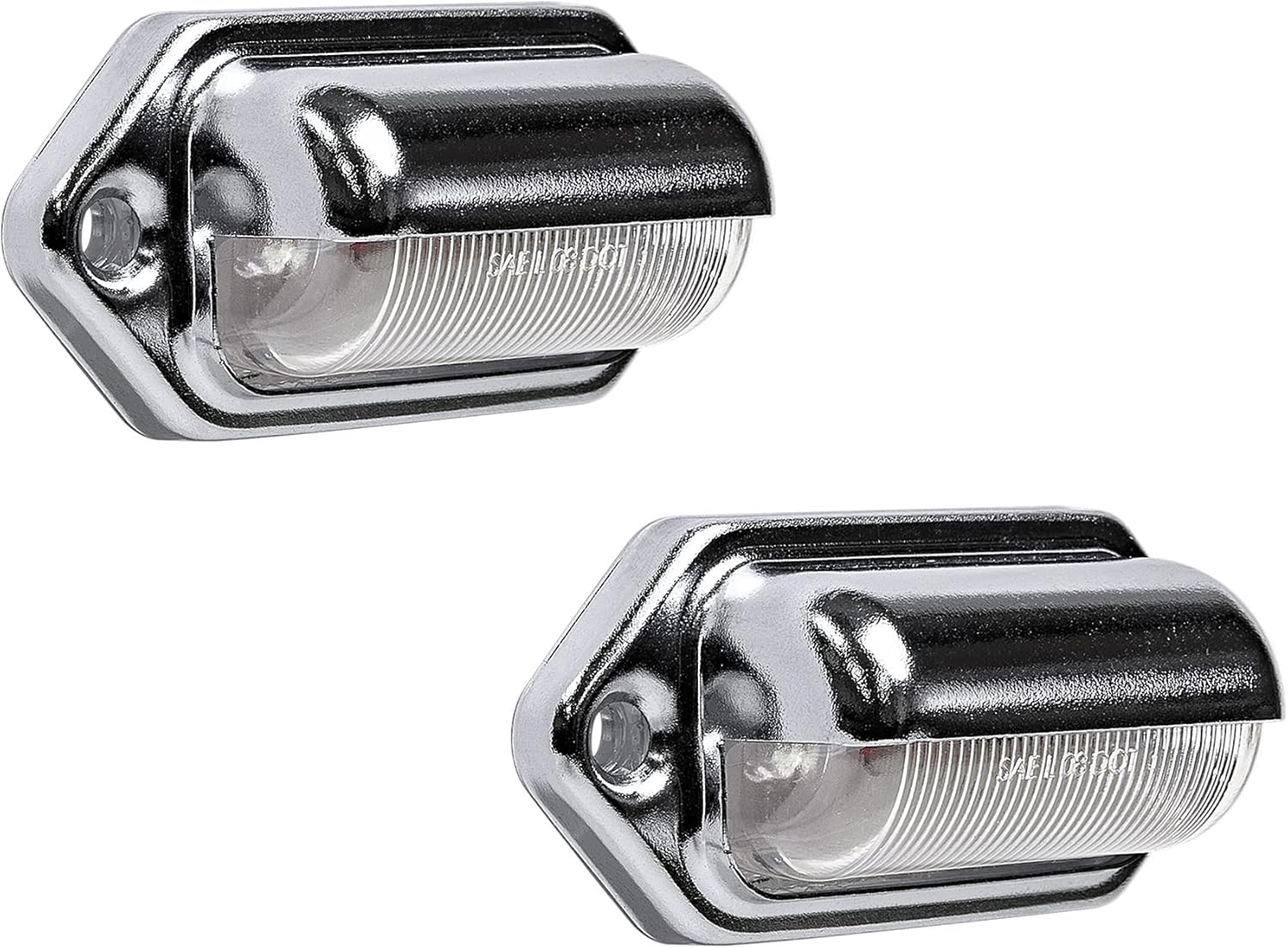 Online LED Store True Mods Chrome Trailer License Plate Light front view showing bright dual LEDs.