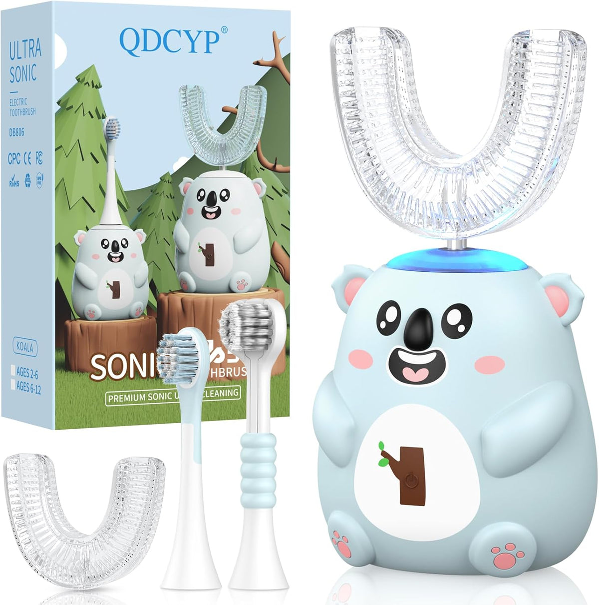 QDCYP Kids U Shaped Electric Toothbrush grey blue koala front view sonic cleaning.