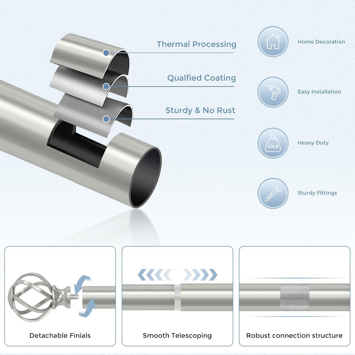 VOIIY silver curtain rod close up of metallic finish
