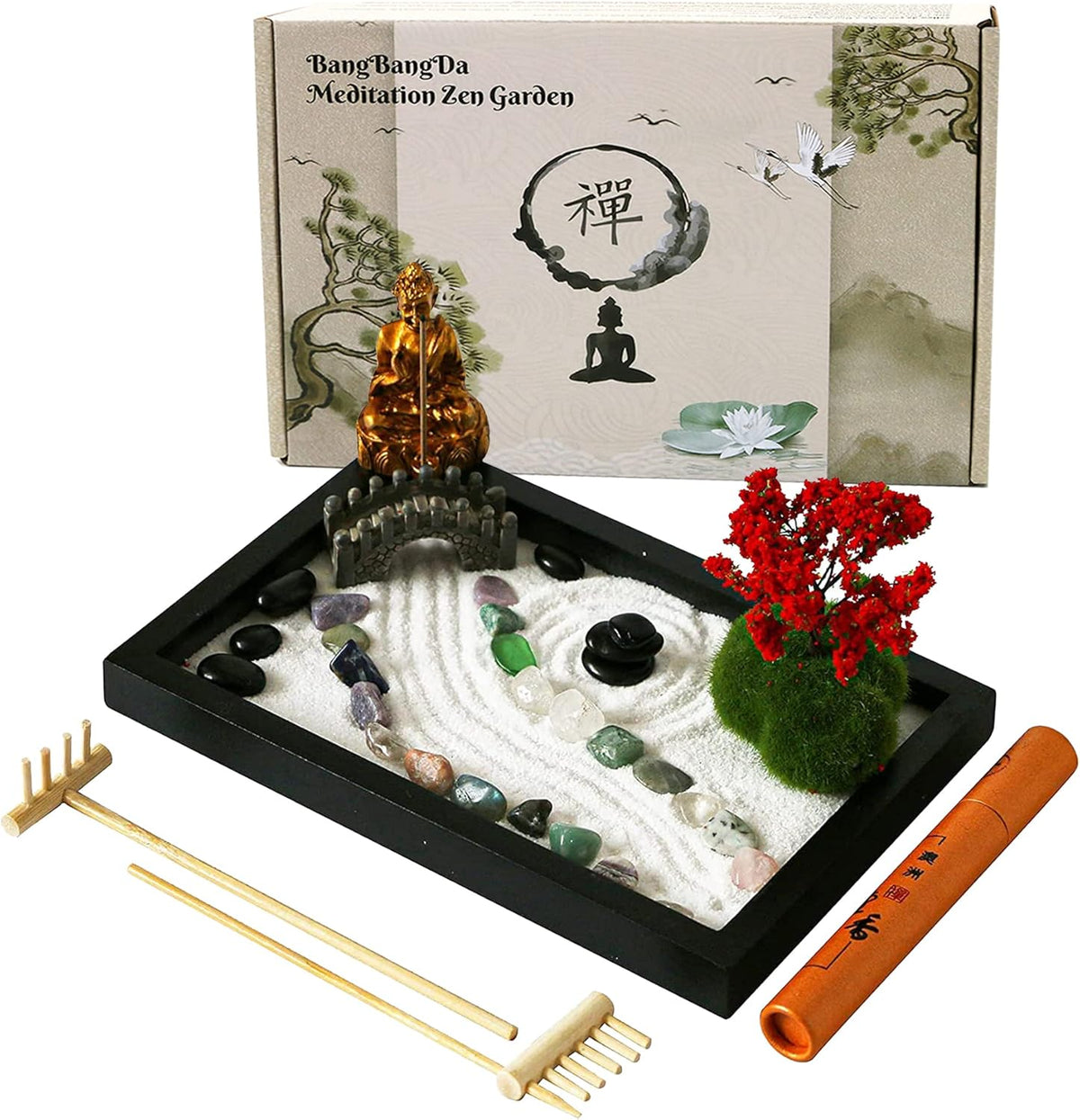 BangBangda Mini Meditation Zen Garden Kit front view with Buddha statue