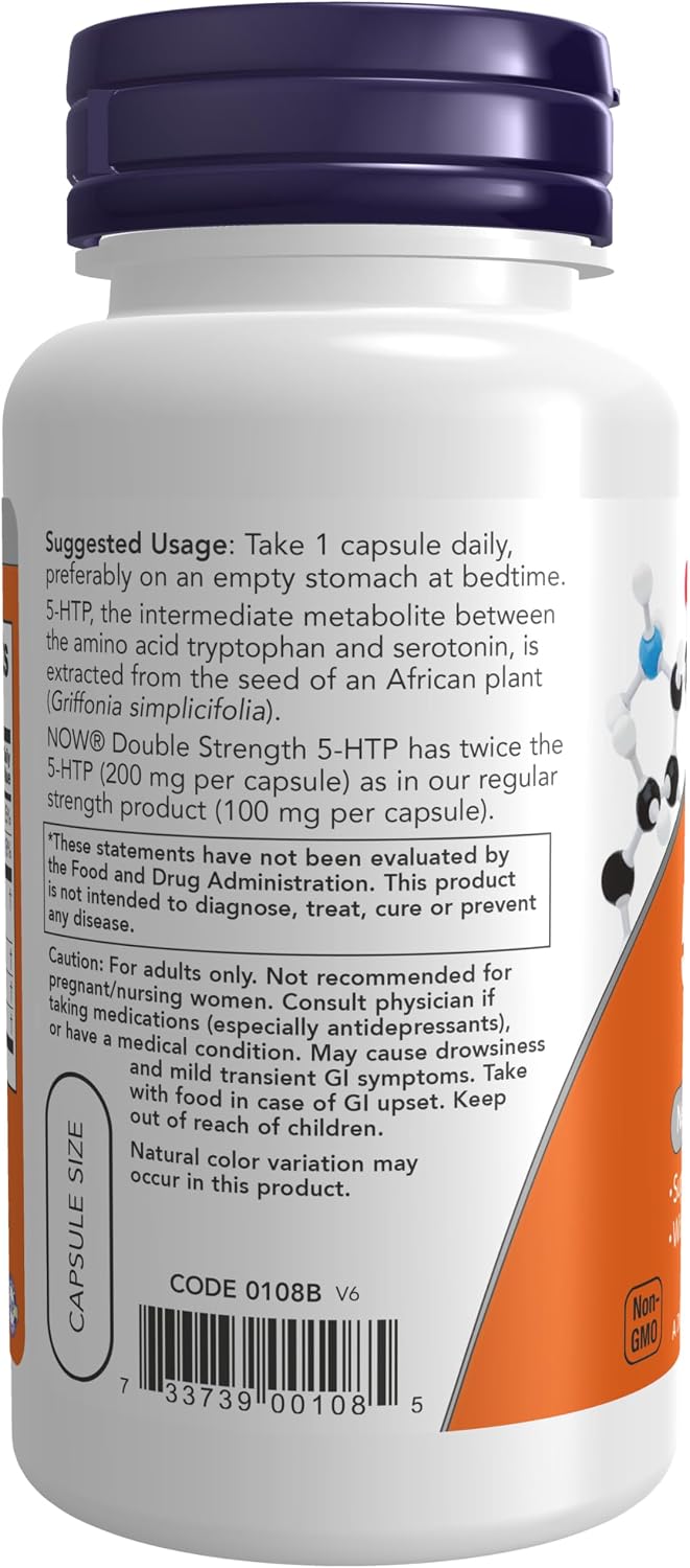 NOW Foods 5-HTP 200 mg capsule quantity and dosage instructions on bottle back