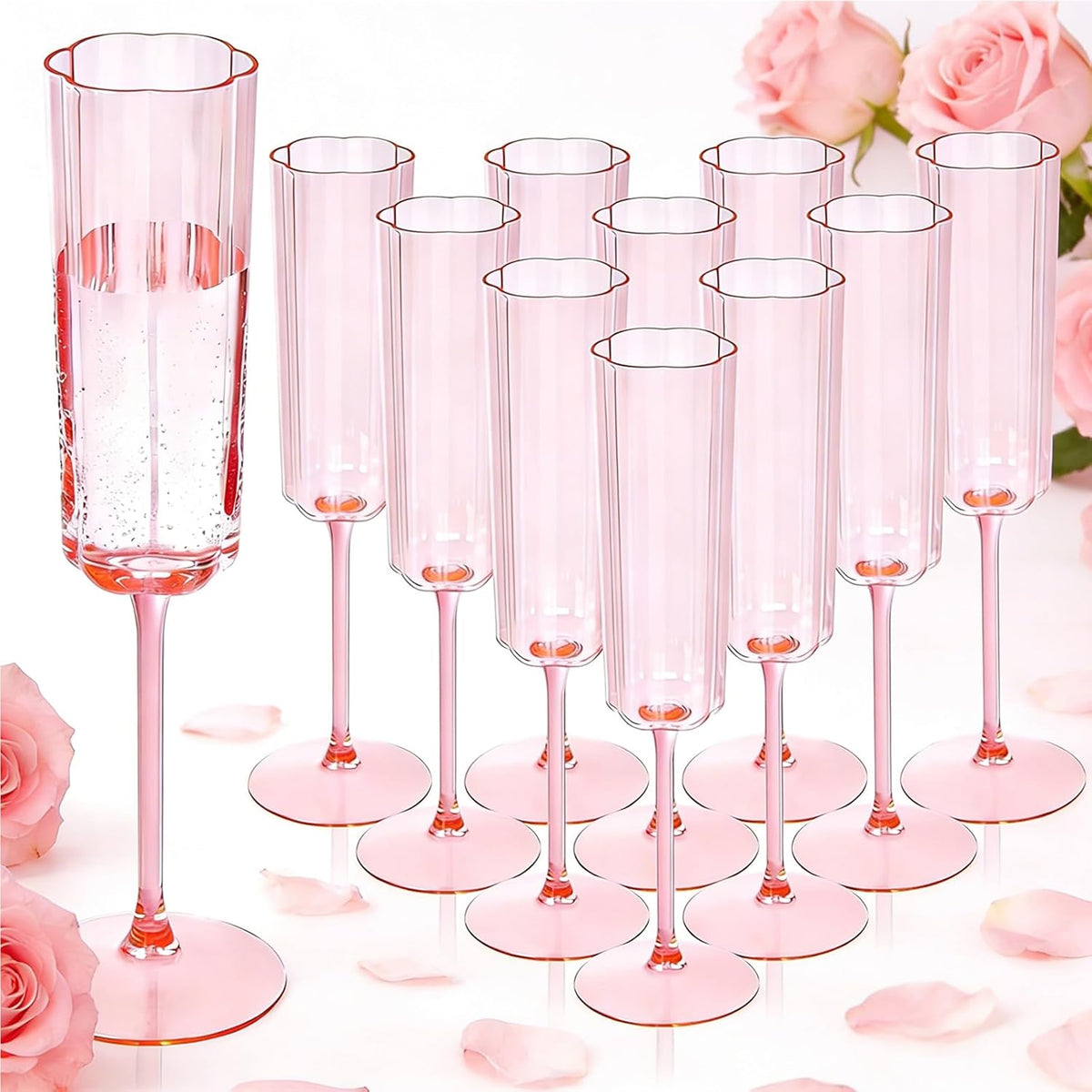 YOUBET pink champagne flutes plastic 36 pack front view with flower wavy design.