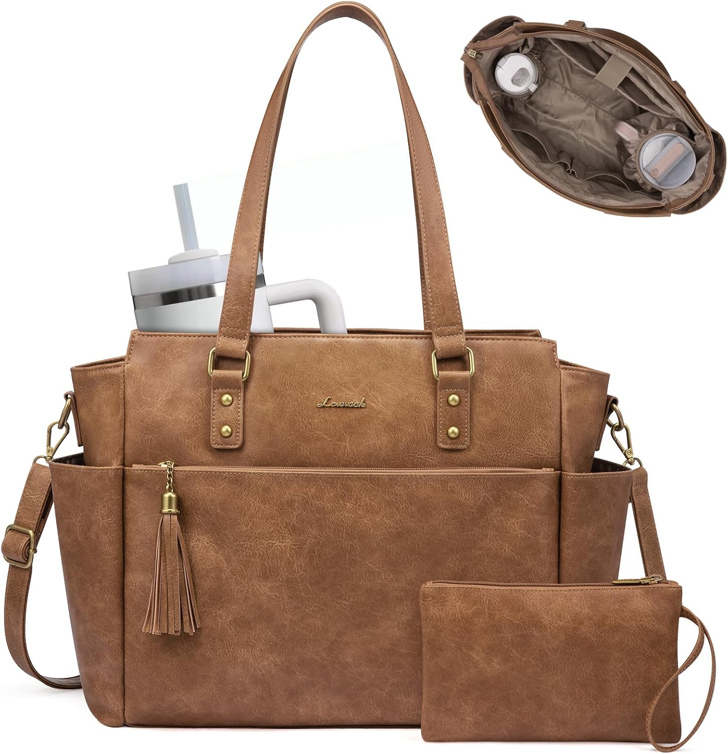LOVEVOOK vintage laptop tote bag front view highlighting polyurethane leather finish.