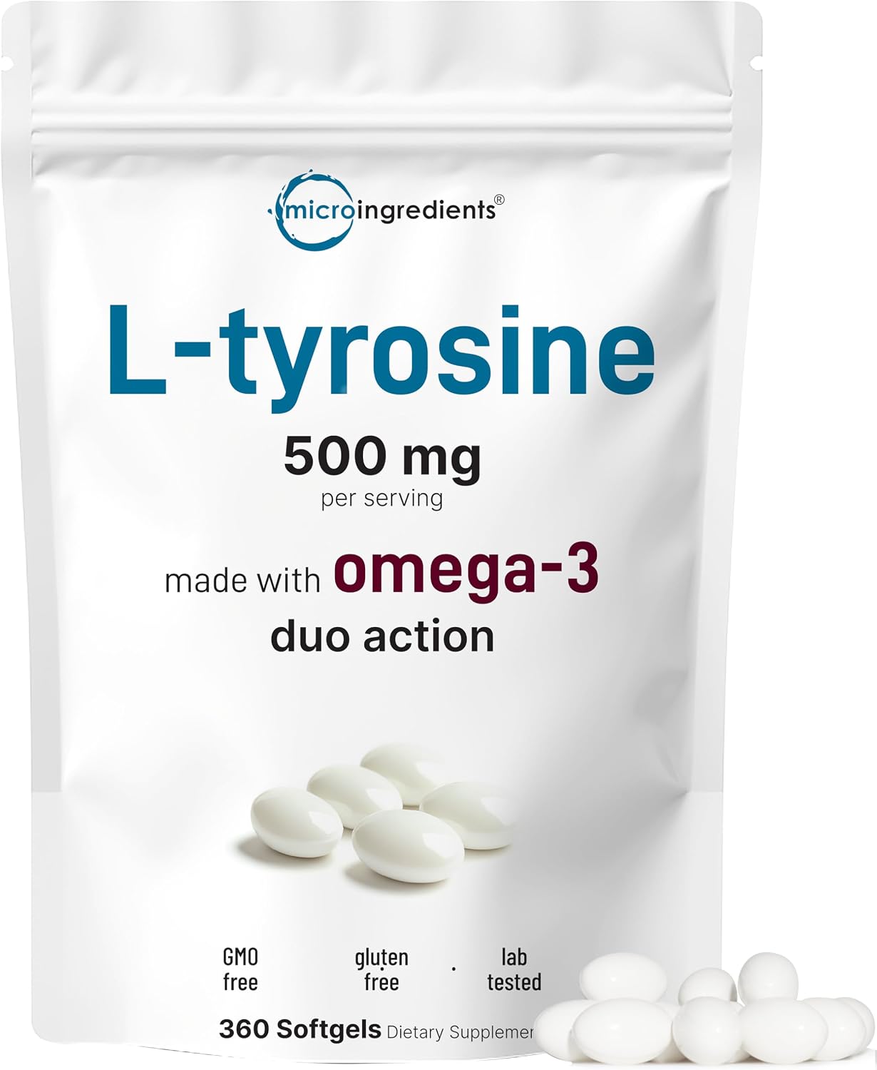 Micro Ingredients L-Tyrosine 500mg softgels front pouch view dietary supplement