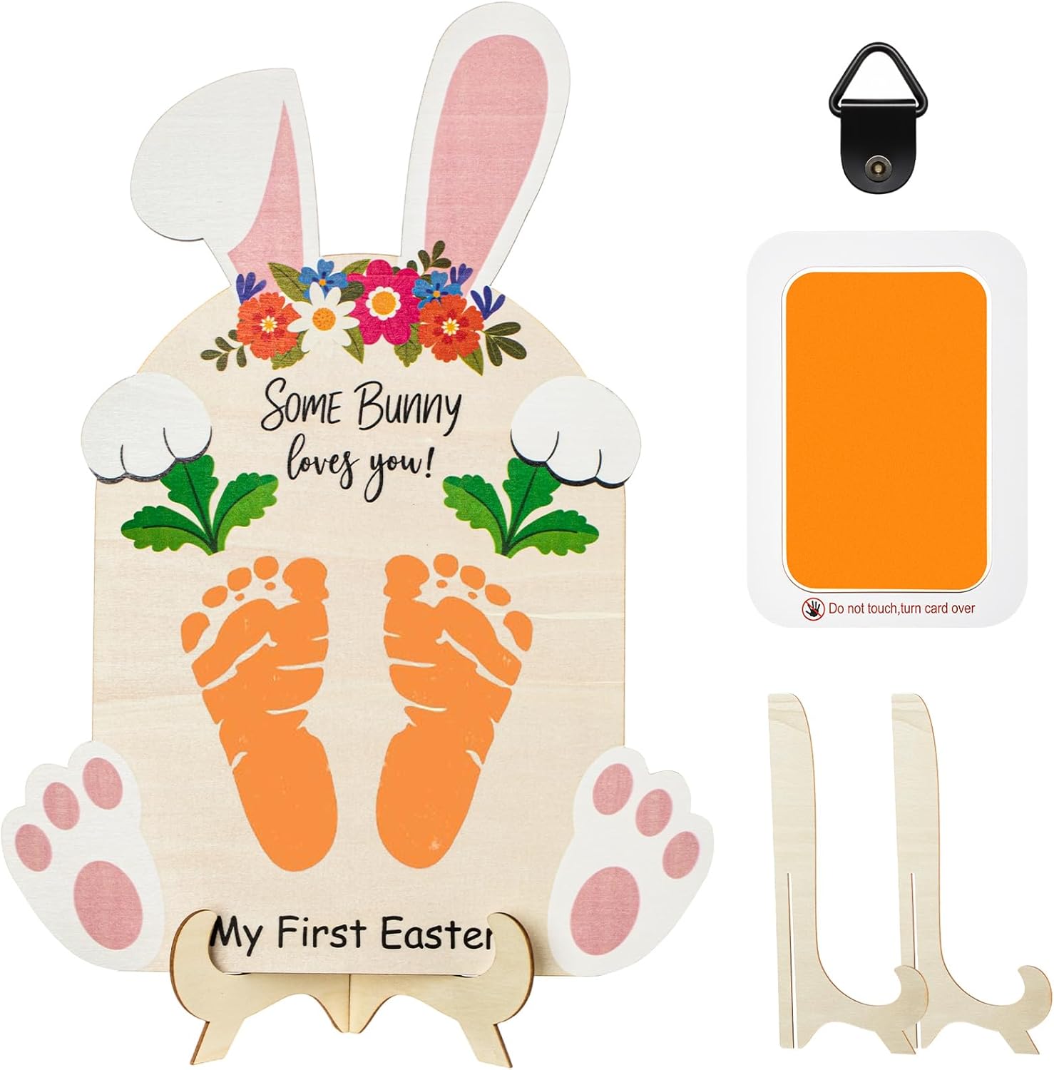 The Style Sutra Babys First Easter Footprint Wooden Sign front view showing bunny ears and text decoration