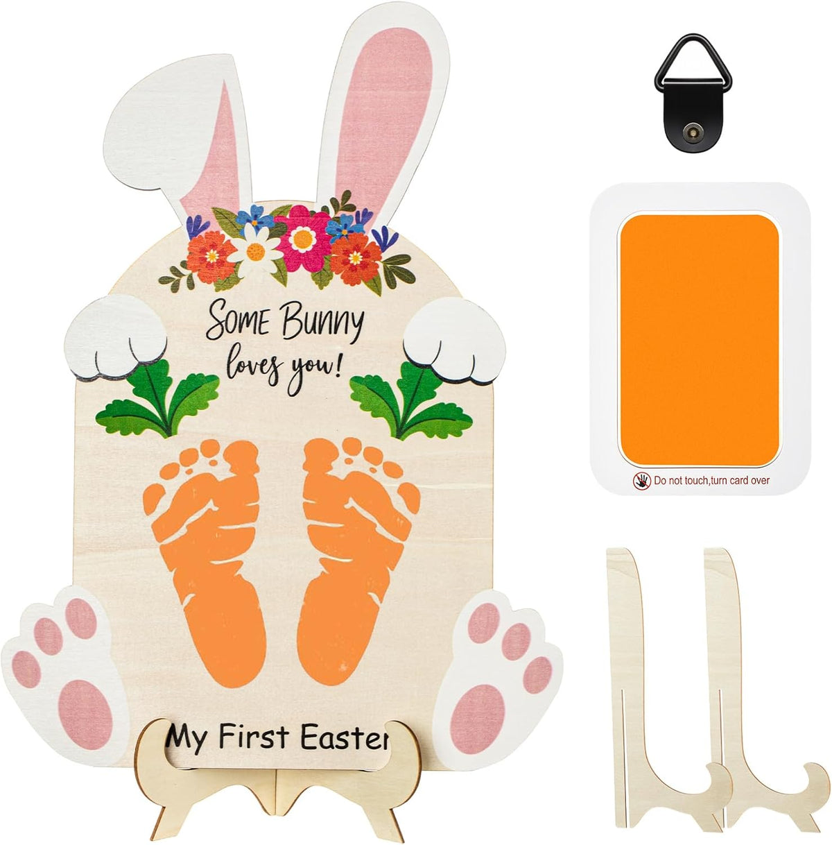 The Style Sutra Babys First Easter Footprint Wooden Sign front view showing bunny ears and text decoration