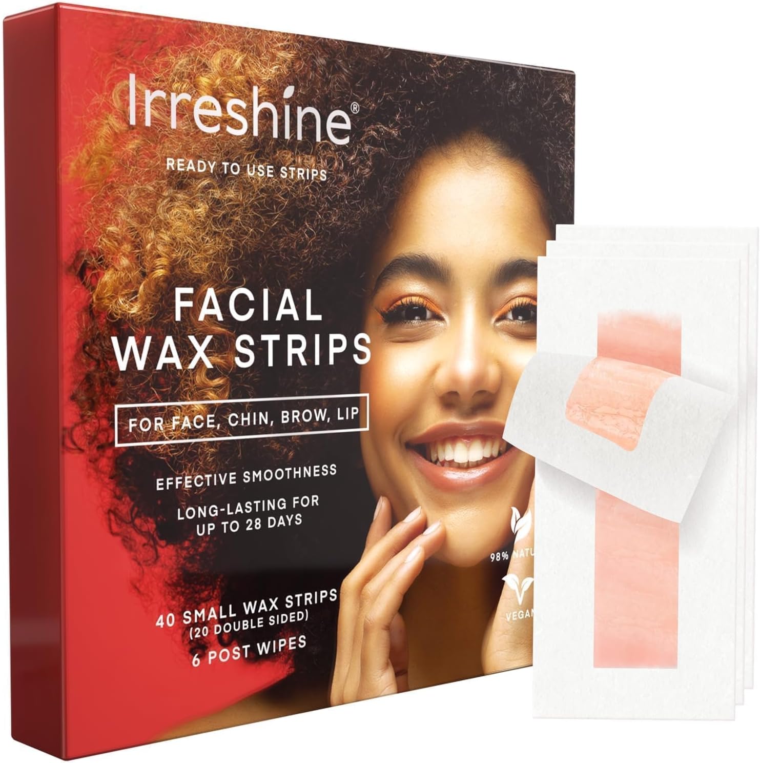 Irreshine facial wax strips front packaging view for premium at home hair removal.