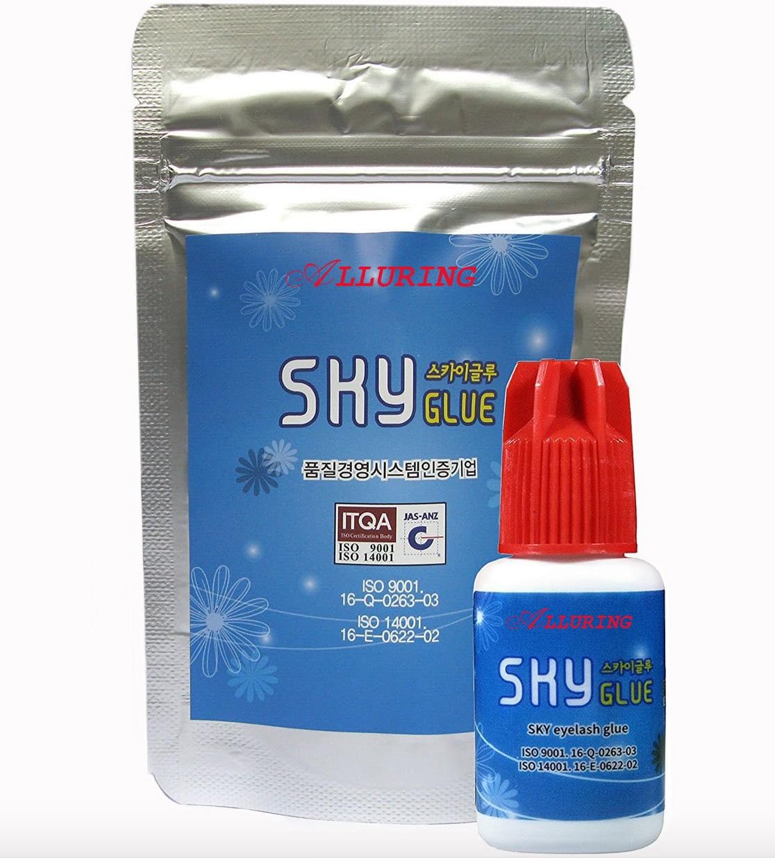 Alluring Sky S+ eyelash extension adhesive front view bottle