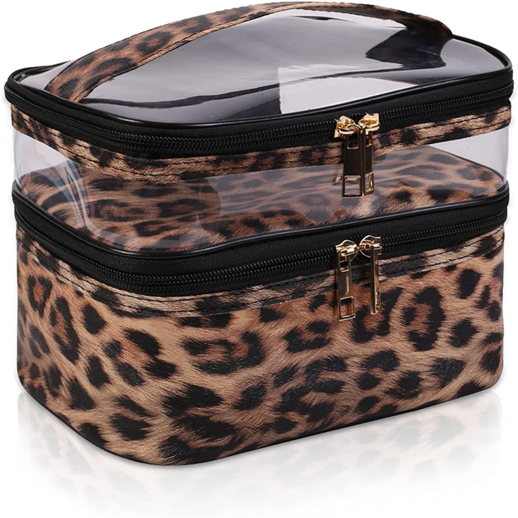 Imerelez double layer leopard print cosmetic bag front view