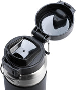 Black Stanley 36 ounce water bottle with push button lid open.