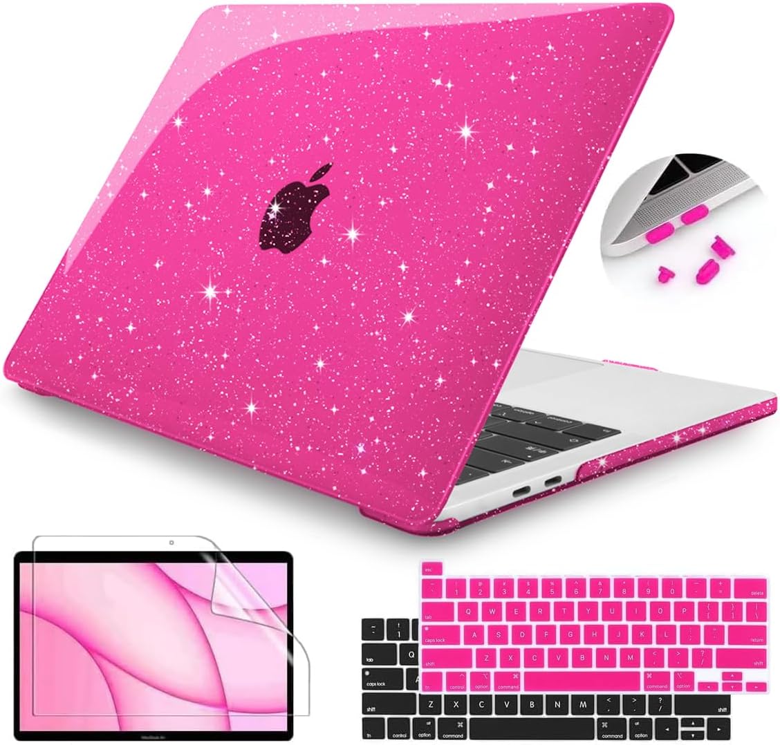 Teryeefi glitter sparkly pink hard shell case for MacBook Pro 13 inch front view lifestyle setup