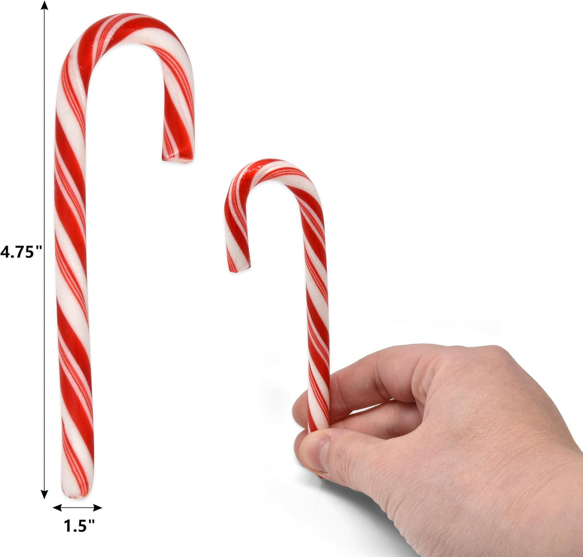Close up view of the gluten free festive hard candy canes highlighting the traditional striped pattern.