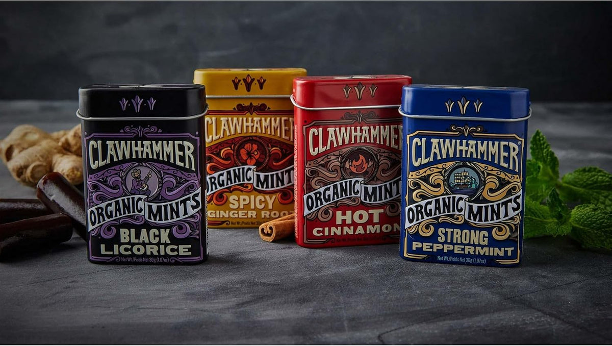 Clawhammer organic mints branded tin design