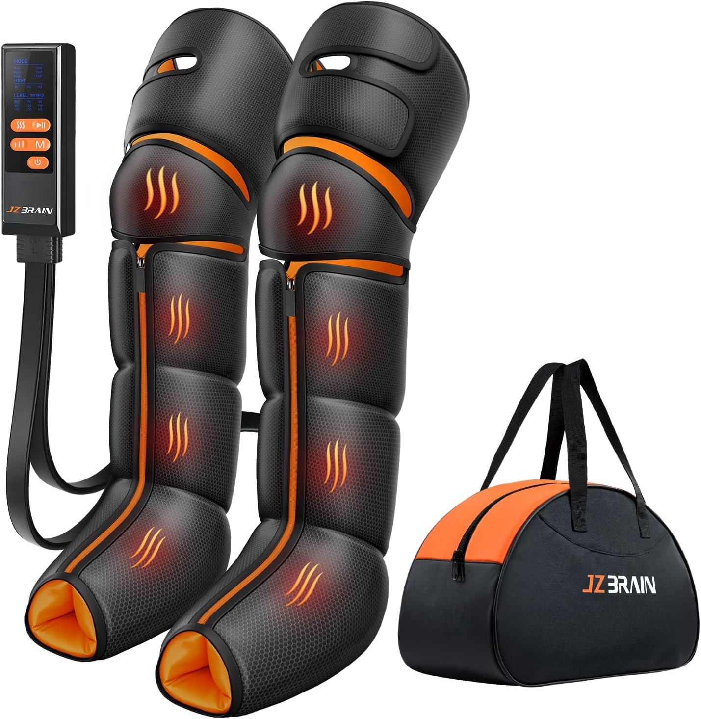 JZBRAIN Leg Massager front view showcasing full leg air compression boots in black with orange accents