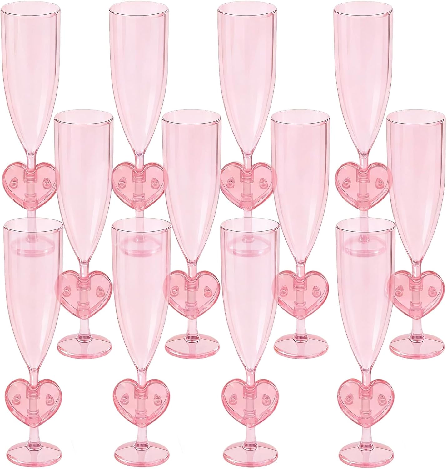 12-Pack Pink Heart Stem Plastic Champagne Flutes - Sweet Romantic Cups for Bridal Showers, Baby Showers, Valentine’s Day Parties (Lightweight & Reusable) - Image 1
