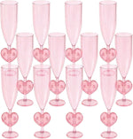 Irosiy Pink Heart Stem Plastic Champagne Flutes 12-pack front view for party planning.