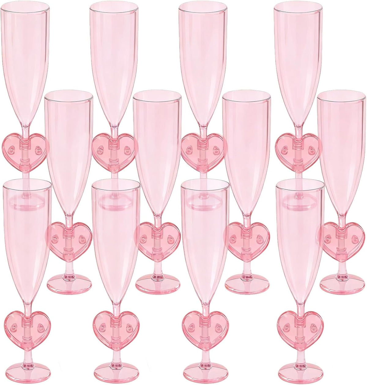 Irosiy Pink Heart Stem Plastic Champagne Flutes 12-pack front view for party planning.