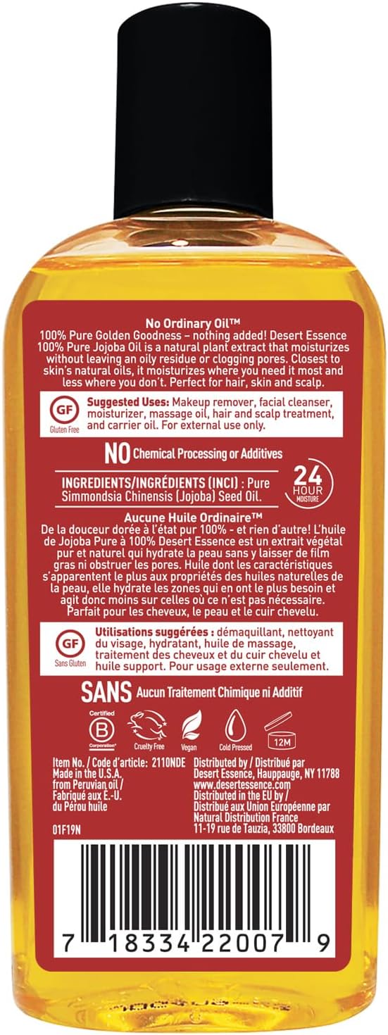 Back label of Desert Essence jojoba oil with ingredients
