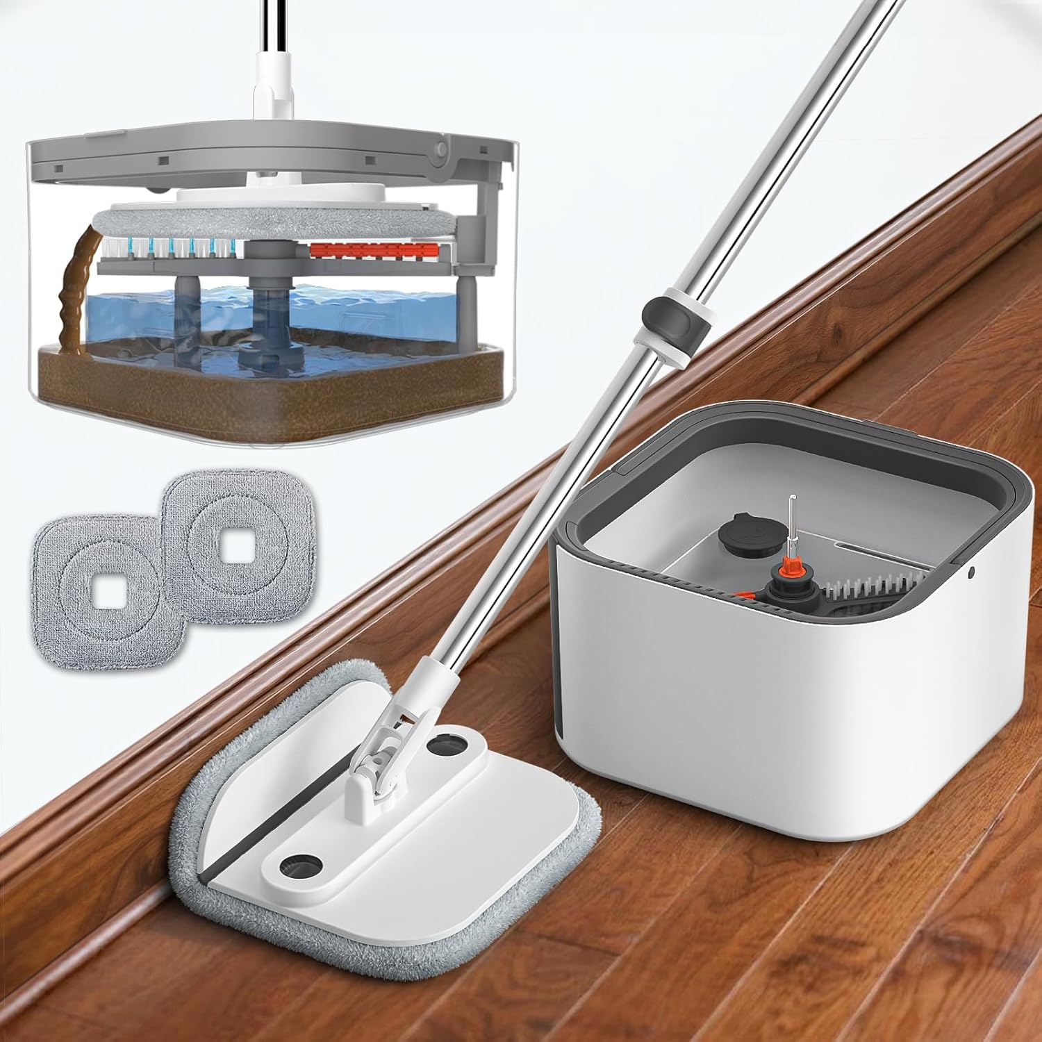 BOMIDI M20 spin mop and separate dirty water bucket set front view