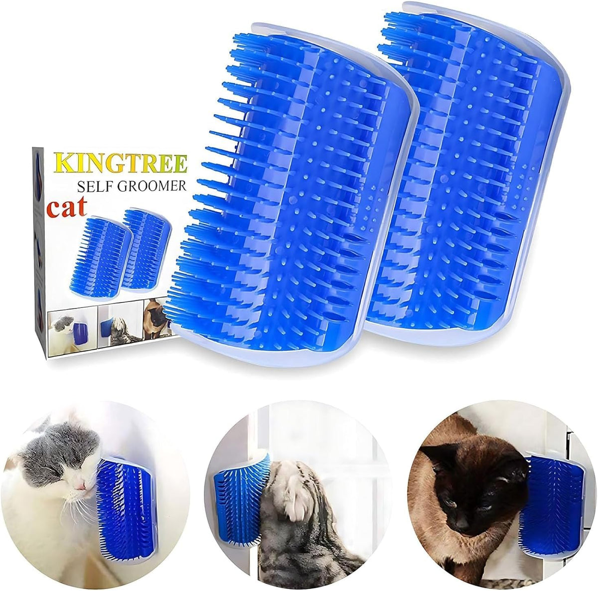 Kingtree cat self groomer packaging contents displaying two grey combs, mounting hardware, and catnip