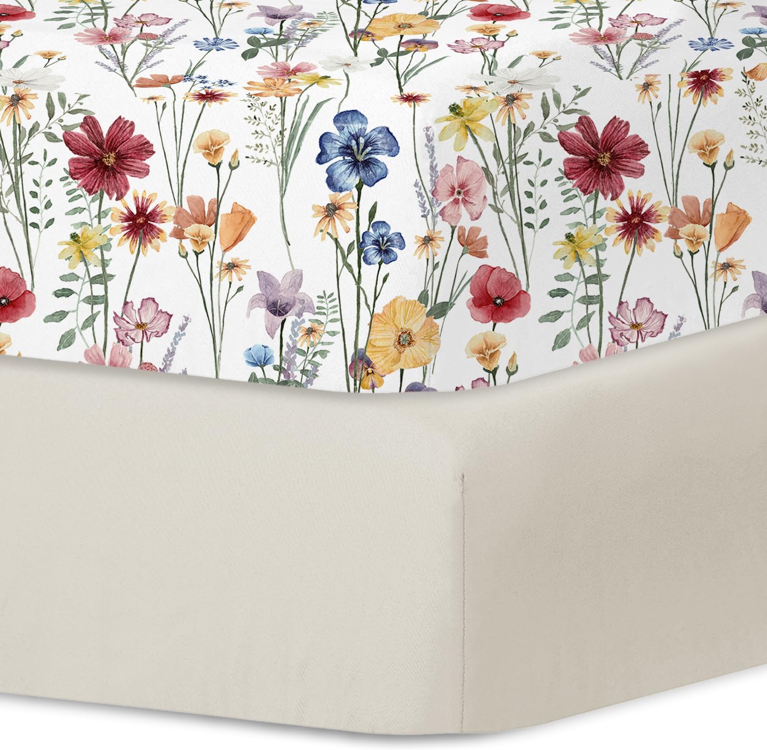 Little Grape Land Pack and Play Sheets front view showing Spring Flower pattern.