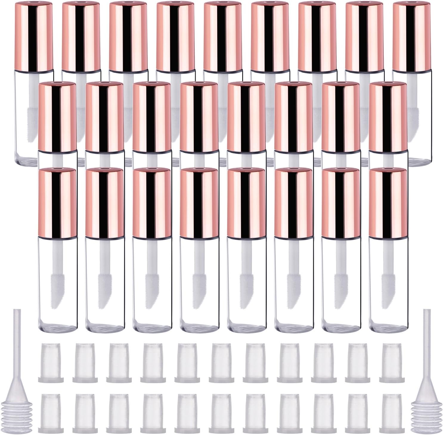 Pangda 25 Pack Empty Lip Gloss Tubes front view showing clear mini bottles and elegant rose gold caps.